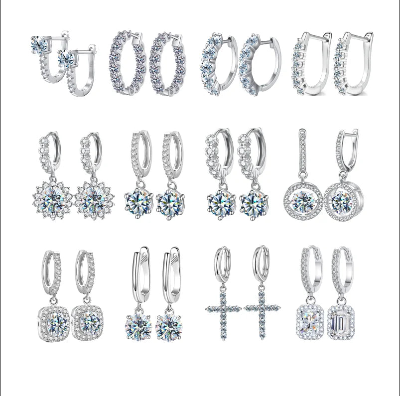 925 Sterling Silver Platinum Plated GRA  Round Brilliant Cut Lady Women Luxury Fine Jewelry Hoop Earring Moissanite