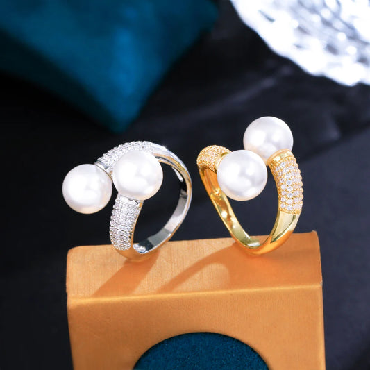 Adjustable Shiny Cubic Zirconia Paved Double Big Pearl Finger Rings for Women Party Engagement Anniversary Weeding Jewelry