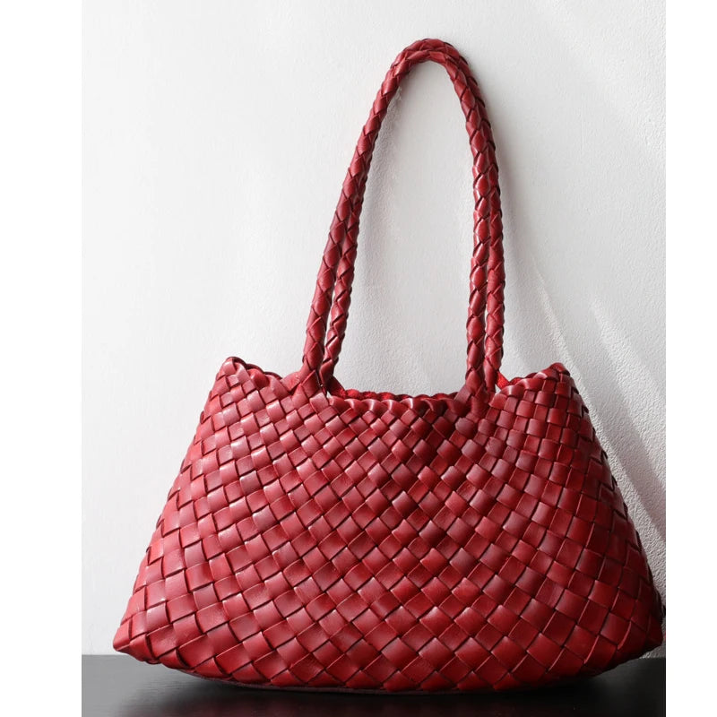 Luxury Tanned Cowhide Genuine Braided Leather Woven Shoulder Bags Large Capacity Soft Hand-woven  Women's Bags with Cotton Pouch