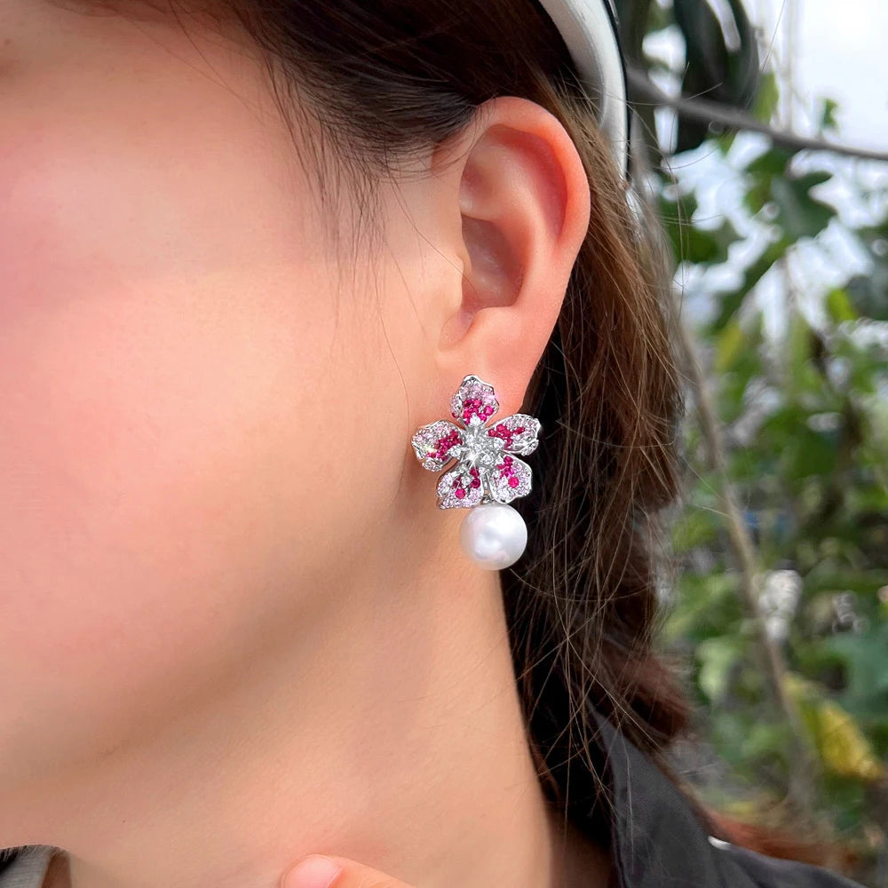 Delicate Shiny Pink Red Cubic Zirconia Big Simulated Pearl Long Flower Dangle Drop Earrings for Women Bridal Party Jewelry