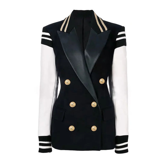 FASHINOWA Women Clothing Long Sleeve Leather Patchwork Double Breasted Women Baseball Coat Jacket