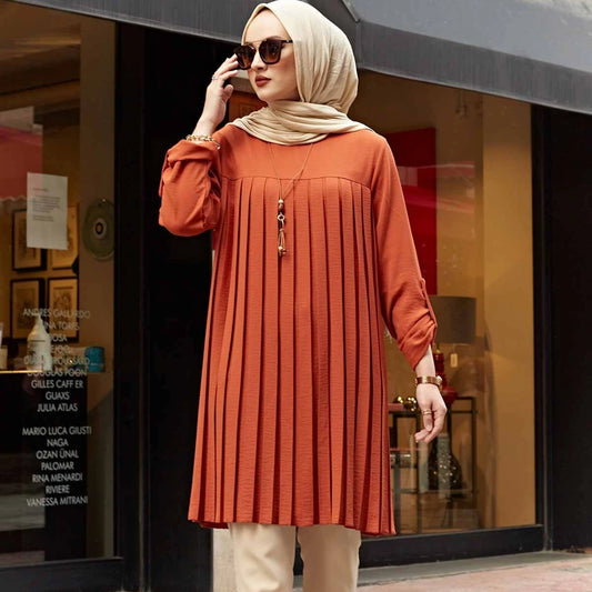 S-5XL 2025 Loose Ruffle Knitted Spring Long Sleeve Plain Color Pleated Blouse Long Shirts Muslim Women Islamic Long Shirts