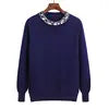 New Autumn Winter Beaded Pullover Sweater Women's Round Neck Long-sleeved Sweater Loose Thin Sweater