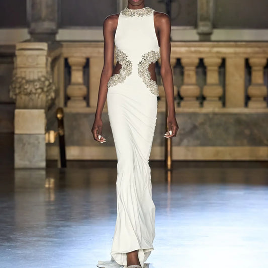 New Elegant Hollow Out Sexy White Bandage Evening Dress Sleeveless Summer Maxi Dress with High Split