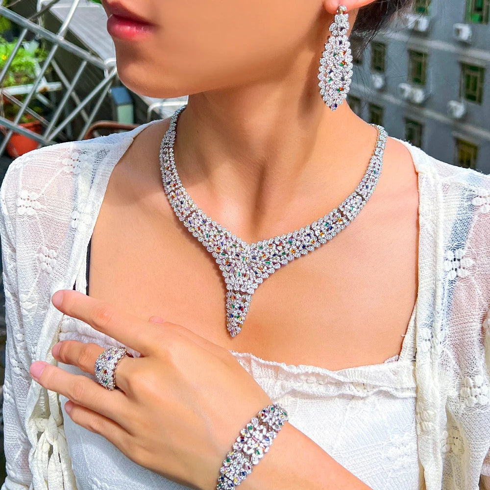 Luxurious Styles Silver Plated Mixcolor Cubic Zircon Party Bridal Big Jewelry Set for Women Wedding Dress Accessories