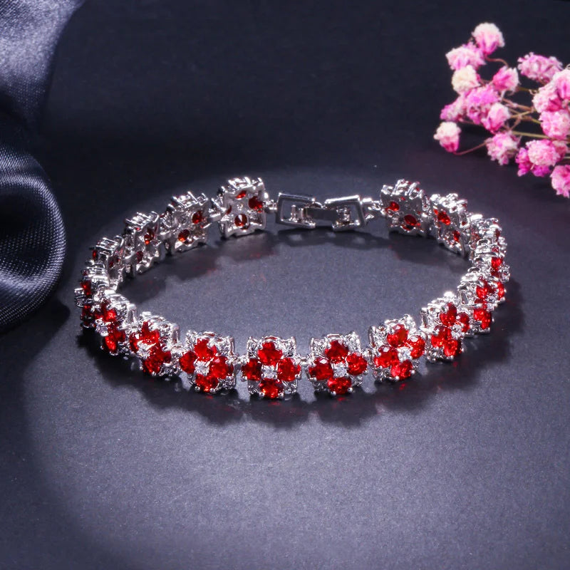Beautiful Jewelry Silver Plated Cubic Zirconia Stone Light Blue Flower Tennis Bracelet for Women Special Occasions