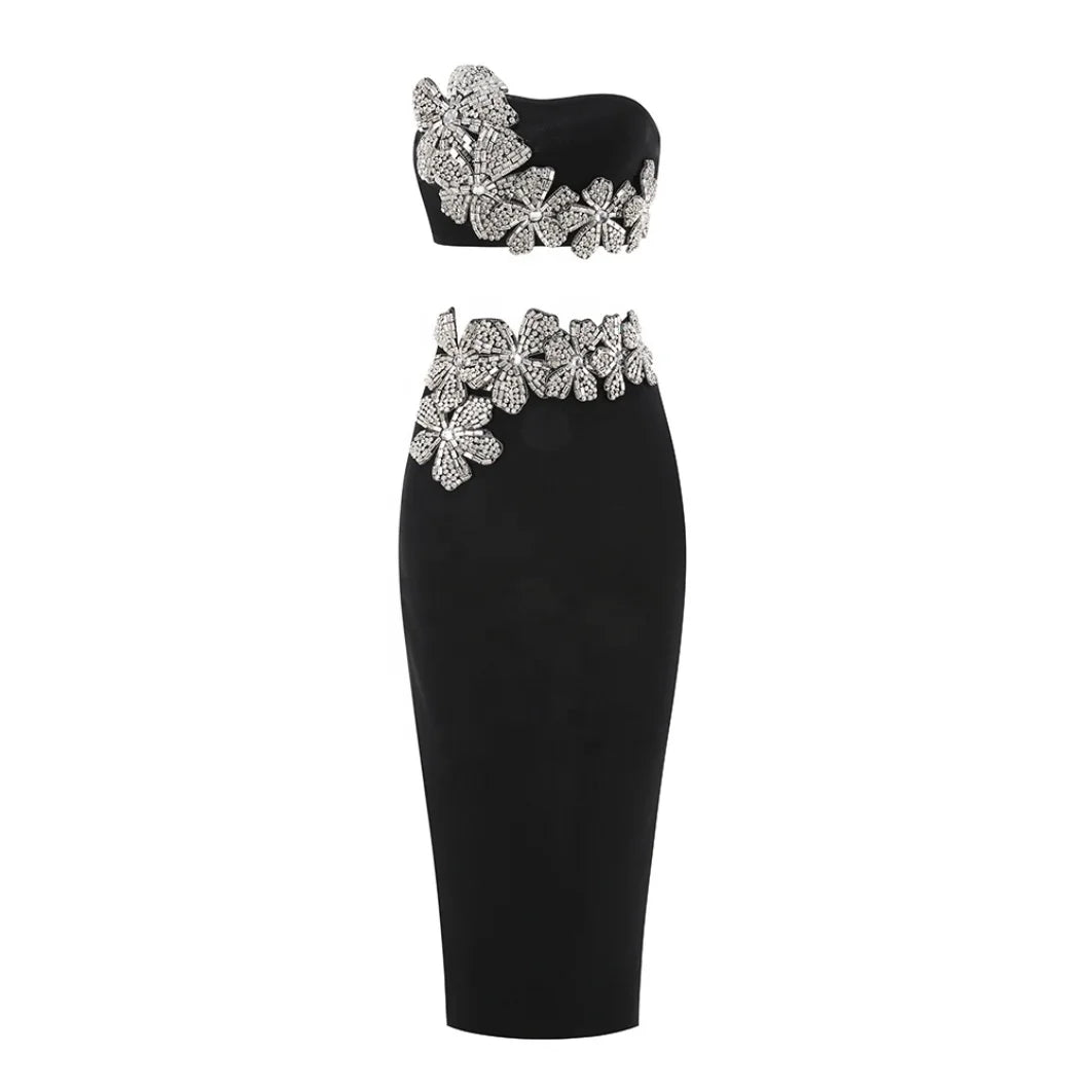 Luxury Sexy Bandage Dress 2-Piece Sets Shiny Diamonds Flower Strapless Evening Party Dresses Set for Woman
