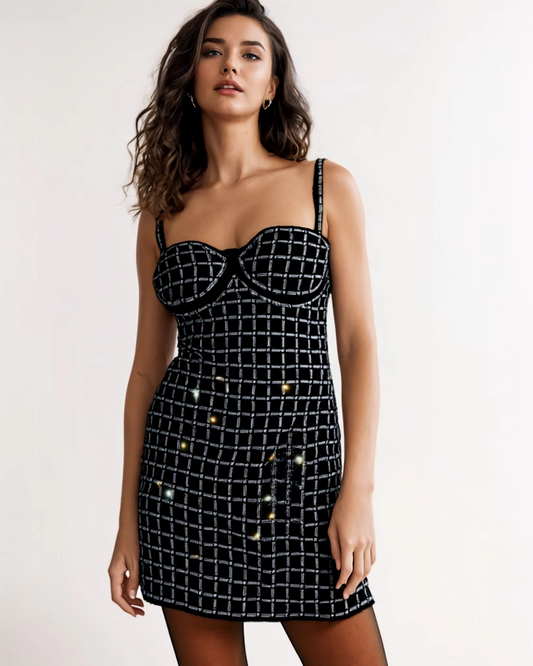 Luxury Rhinestone Grid Strapless Bodycon Mini Bandage Dress Party Club Evening Gala Dinner Black Birthday Dresses