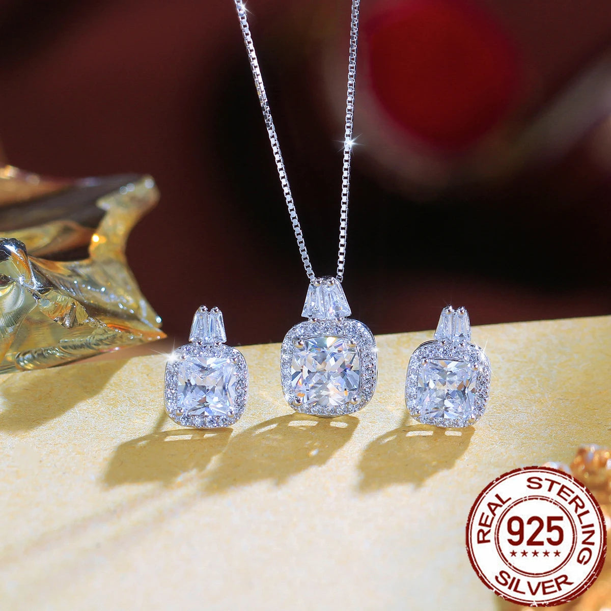 Discover Charming Real 925 Sterling Silver Cubic Zirconia Jewelry Set Pink CZ Square Pendant Earrings Jewelry Set for Women Banquet