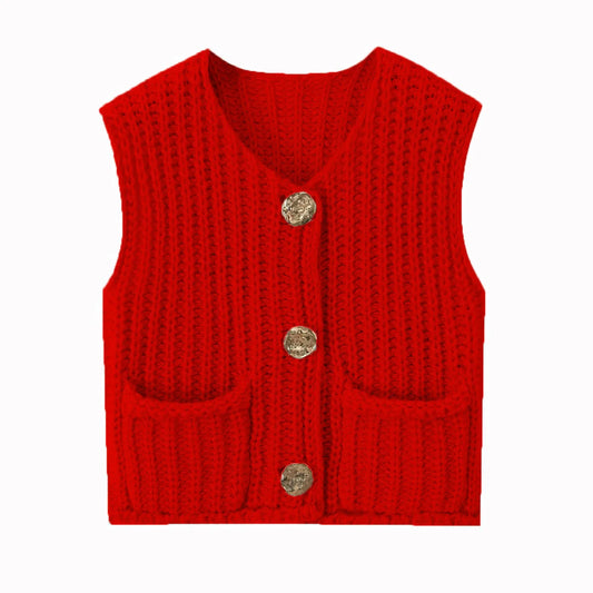 Women Solid Color Button Knit Vest V-neck Waistcoat Knitwear Sweater V-Neck Sleeveless Tops Spring Autumn Fashion Casual Sweater