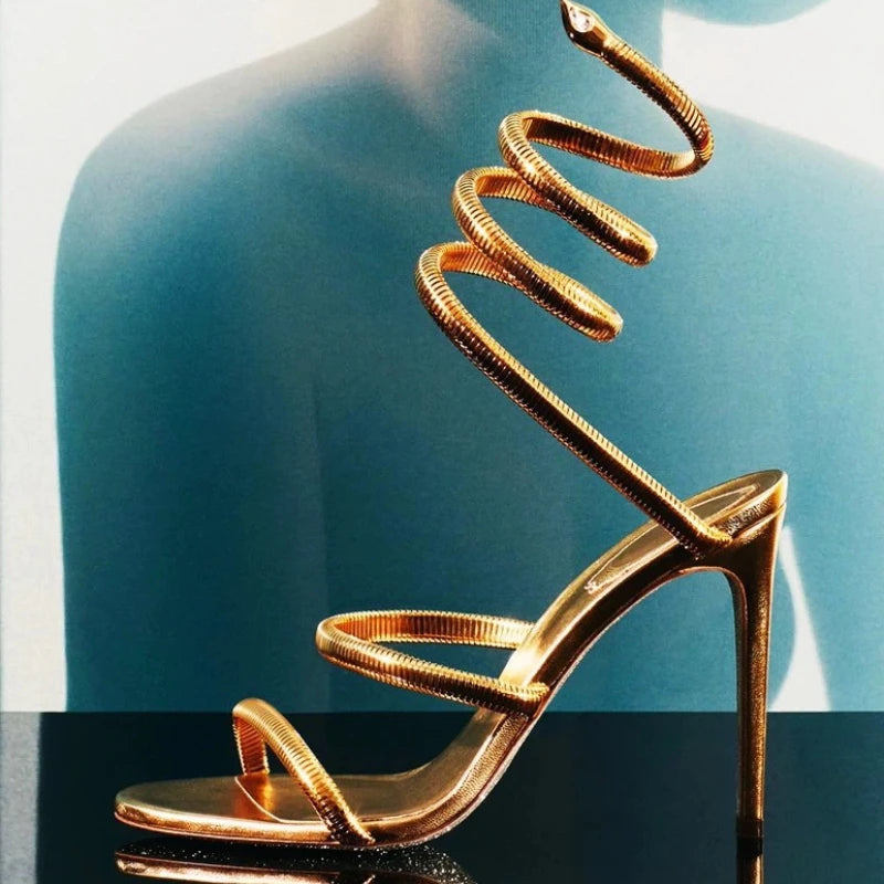 2025 Talon Snake Strap Silver Sole Summer  Ankle Wrap Around Spiral Heels for Lady