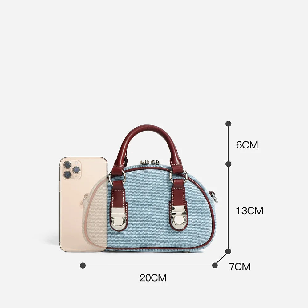 Women's Fashion Mini Crossbody Shoulder Bag New Denim Purses with Zipper Closure and Leather Handle