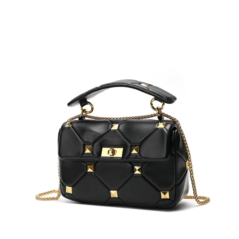 Trendy Leather Square Sheep Leather Designer Black square Shoulder Crossbody Studded Bag Purse Handbags for Women