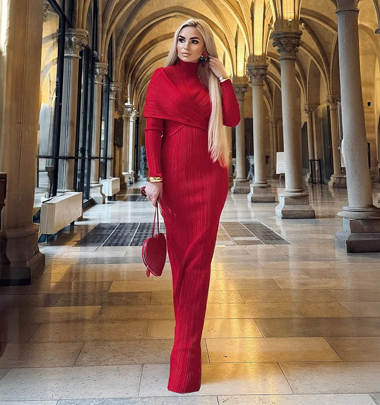2026 Fashionable Elegant Red Bandage Dress High Neck Long Fitted Gown for Formal  Cocktail Events