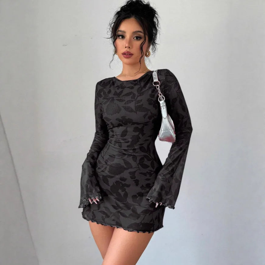 Flared Long Sleeve Women Short Dresses Slim Waist Fashion Backless Lace-up O-neck Sexy Women's Casual Short Dress