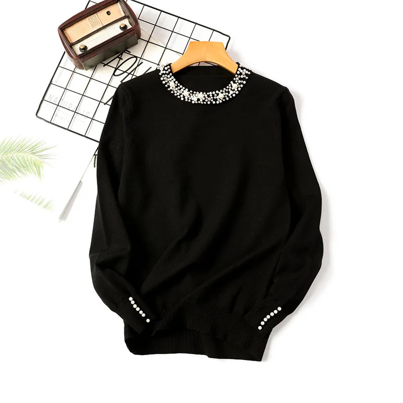 New Autumn Winter Beaded Pullover Sweater Women's Round Neck Long-sleeved Sweater Loose Thin Sweater