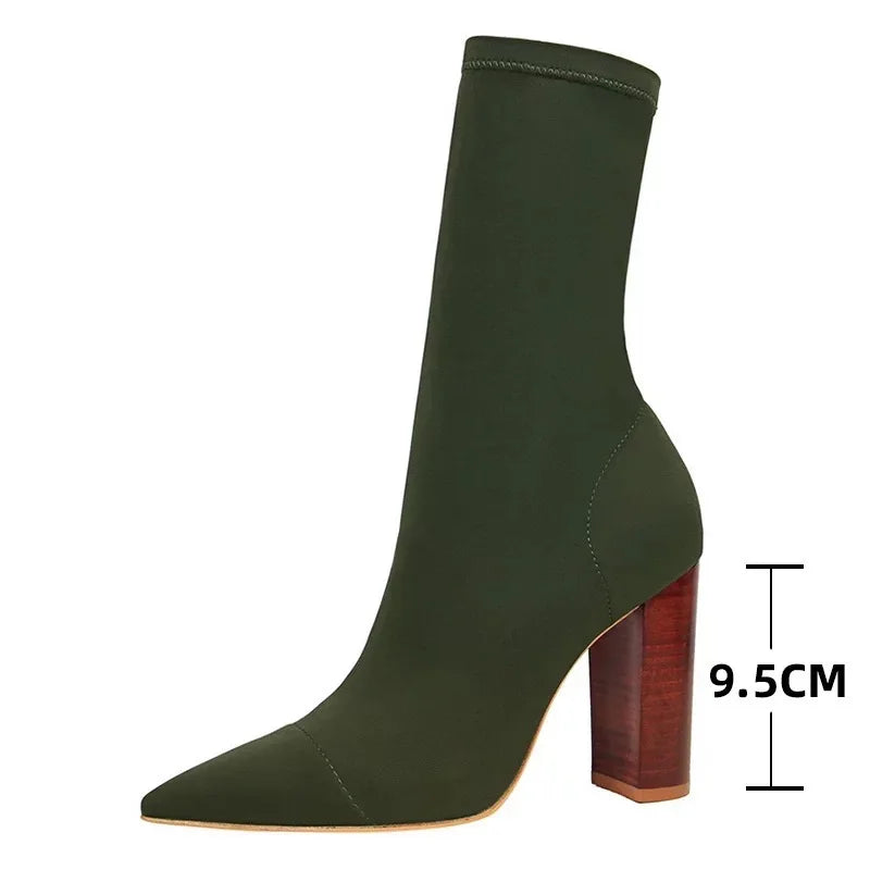 MId-Calf Stretch Sock Elastic Material Chunky Heel Boots Women Booties