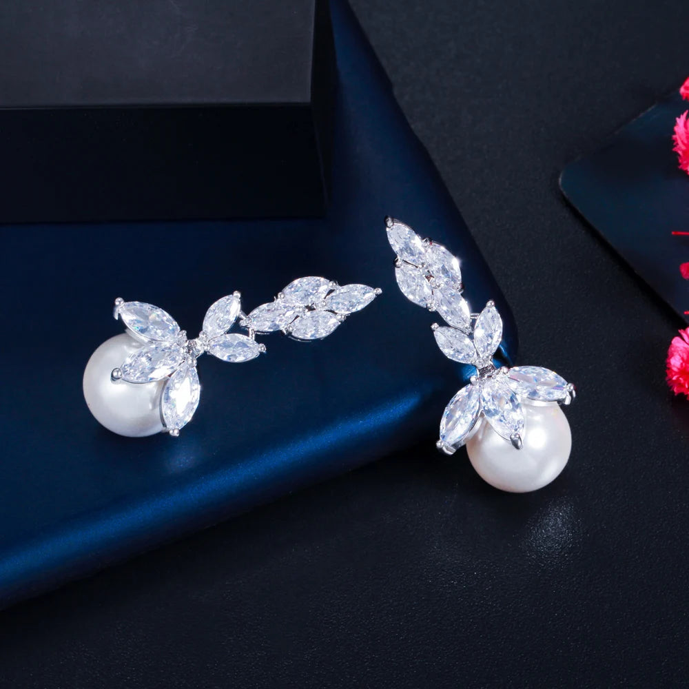 Top Quality Bling Marquise Cut Cubic Zirconia Stone Big Wedding Party White Pearl Drop Earrings Jewelry for Women