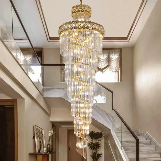 Modern Crystal Chandelier for Staircase Long Villa Hanging Light Fixture Large Home Decor Gold Stainless Steel Led Cristal Lamp