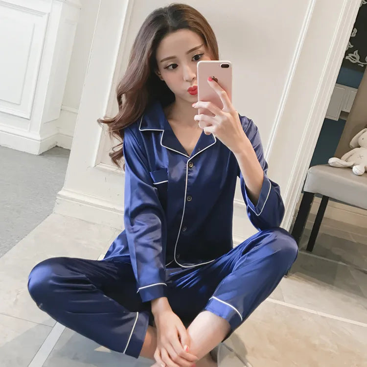 2025 Spring and Autumn New Ladies Large Size Lapel Silk Fashion Pajamas Fat Ladies Ladies Home Wear