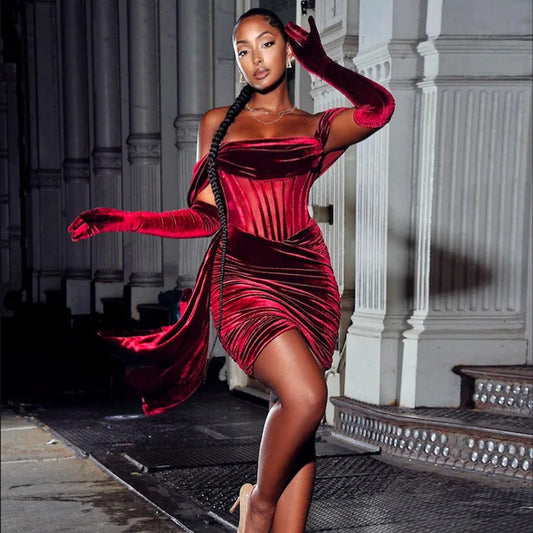 Newest Christmas Red Off Shoulder Pleated Dress Women Mini Dress Lady Slim Fit Party Dress