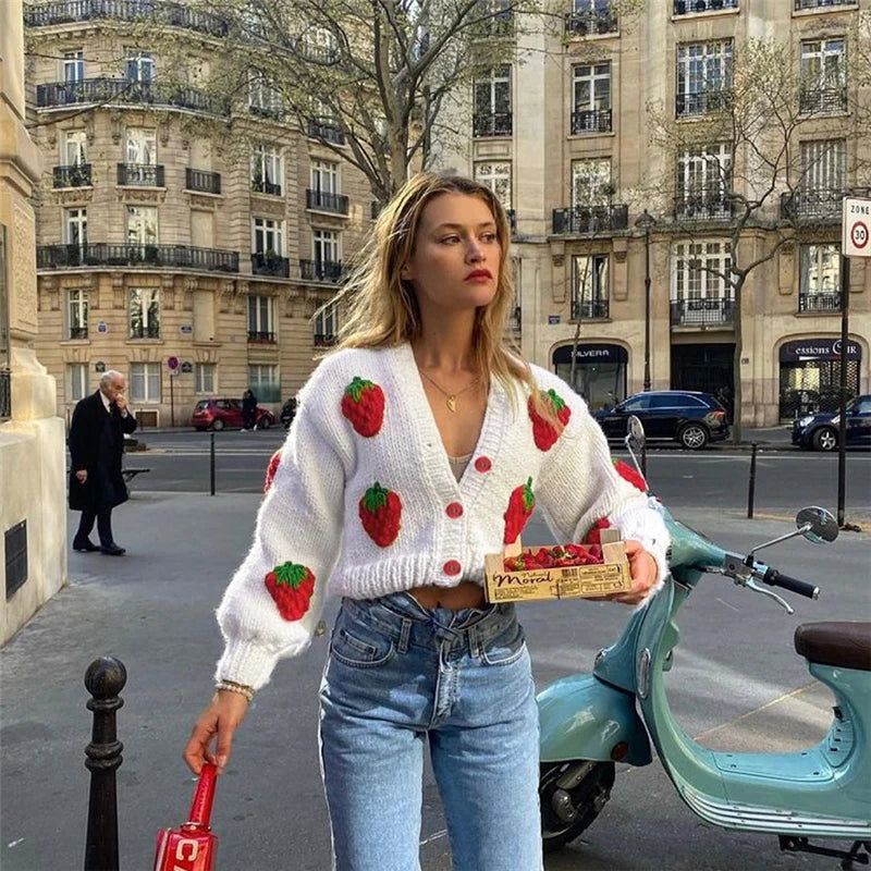 Strawberry Embroidery Cropped Sweater for Women Knit Cardigan Female Winter Autumn Long Sleeve Loose Flower Sweater
