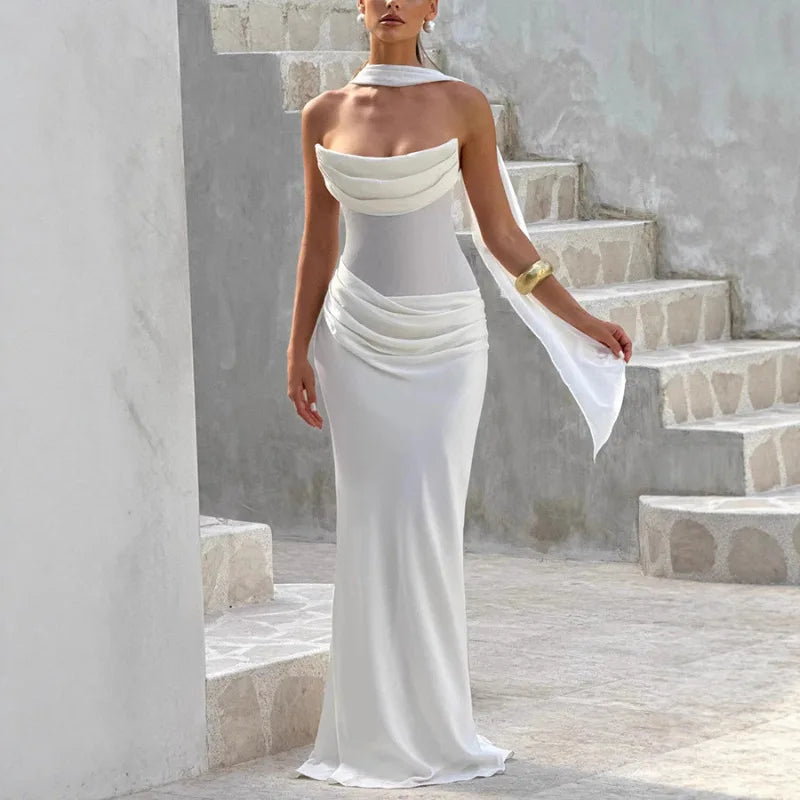 Off-shoulder Backless Sexy Maxi Dress Women Gown Elegant Scarf Collar Strapless Sleeveless Bodycon Club Party Dresses