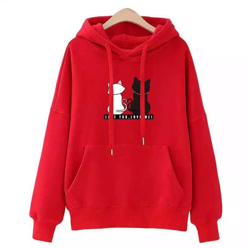 Fashion Printed Long Sleeve Hoodies Women Spring Autumn Hooded Pullover Tops Cartoon Cat Printing Fleece Casual Hoodies