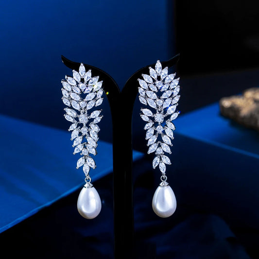 Elegant Shiny Marquise Cut Cubic Zirconia Long Leaf Drop Simulated Pearl Bridal Wedding Party Drop Earrings for Women Jewelry
