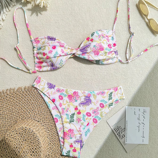 New Girl Sweet Floral Prints Bikinis Two Piece Set Women Sexy Bikini Swimsuit Women Party Sexy Halter Swimwear for Ladies