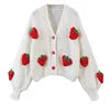 Strawberry Embroidery Cropped Sweater for Women Knit Cardigan Female Winter Autumn Long Sleeve Loose Flower Sweater