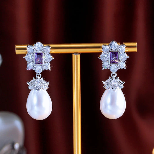 Romantic Purple Cubic Zirconia Imitation Pearl Long Dangle Drop Earrings for Women Daily Wear Special Occasions