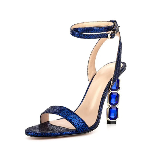 Sandalias Femme Latest Fashion Women Diamonds Heel Dress Shoes Open Toe Chunky Heel Bling Ankle Strap Heeled Sandals for Ladies