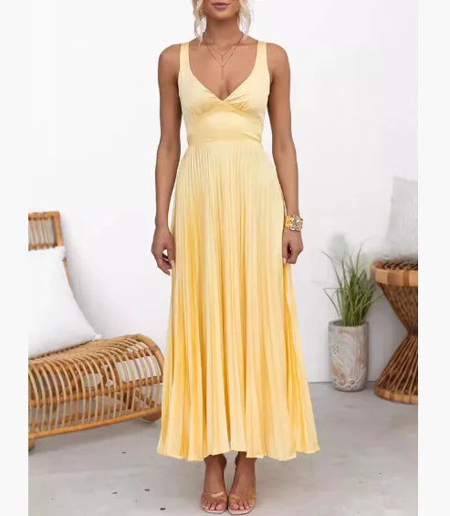 2025 New Fashion Summer Women's Deep V-Neck Sexy Slim Sleeveless High Waist Pleated Solid Color Long Dress