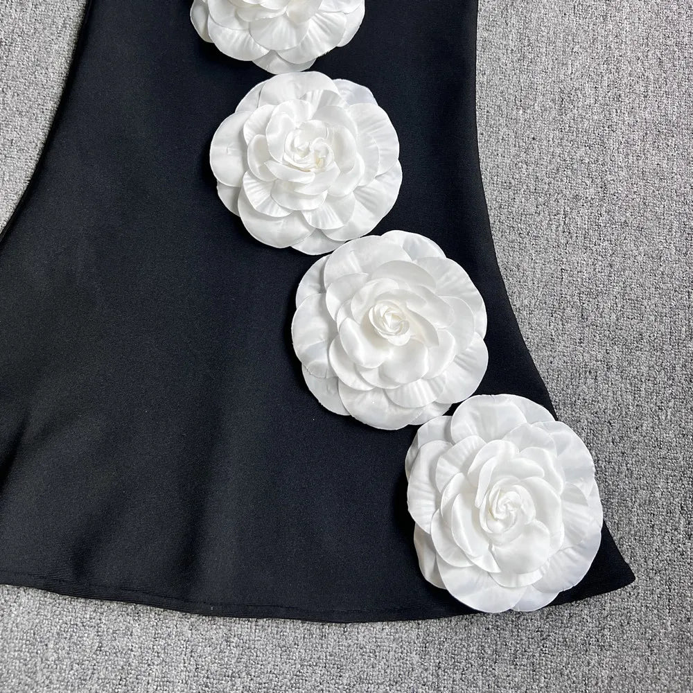 Sexy 3D Flower Halter Bandage Bodycon Gown Evening Dress Backless Long Women Formal Ruffles