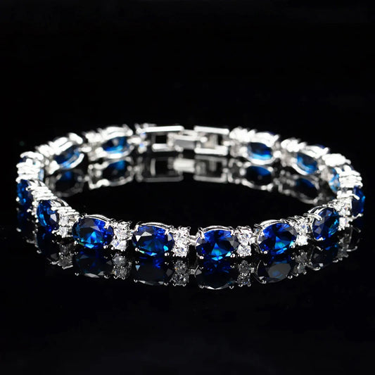Popular Korean Style Jewelry Oval Cut AAA Cubic Zirconia Blue Bracelet for Women Wedding Party Engagement Simple Versatile Gift