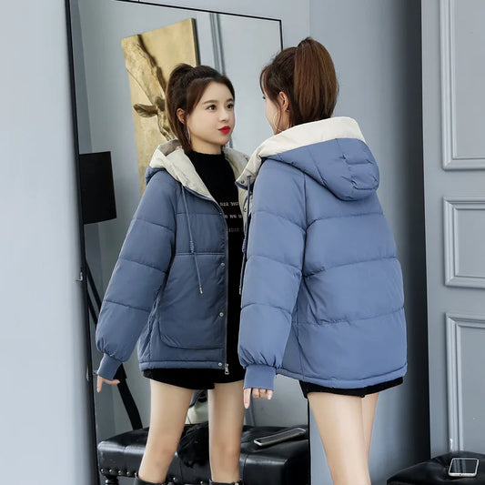 2025 Winter New Women's Classic Padded Jacket Casual Slim Short Coat with Hood Long Sleeve Solid Color Zipper Loose Casual Style