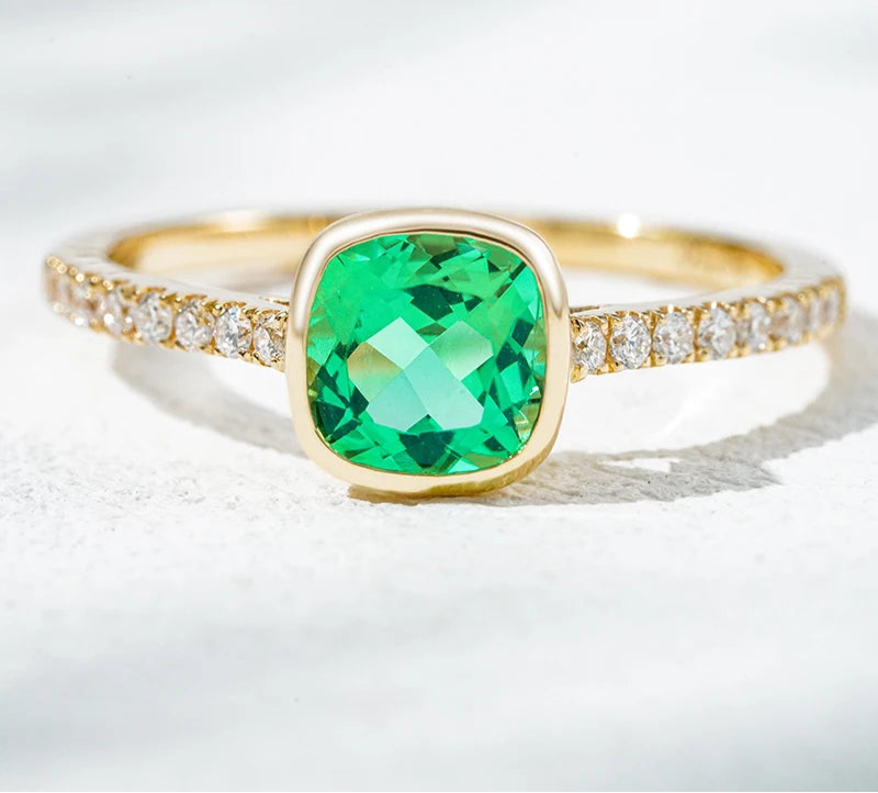 MomentWill Lab Grown Gemstone 18k Solid Gold Ring Lab Emerald Gemstone Engagement Gold Ring