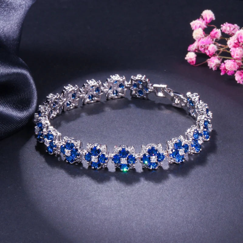 Beautiful Jewelry Silver Plated Cubic Zirconia Stone Light Blue Flower Tennis Bracelet for Women Special Occasions