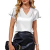 2026 Summer New V-neck Satin Shirt, Pleated, Loose, Short-Sleeved Top, Short-Sleeved