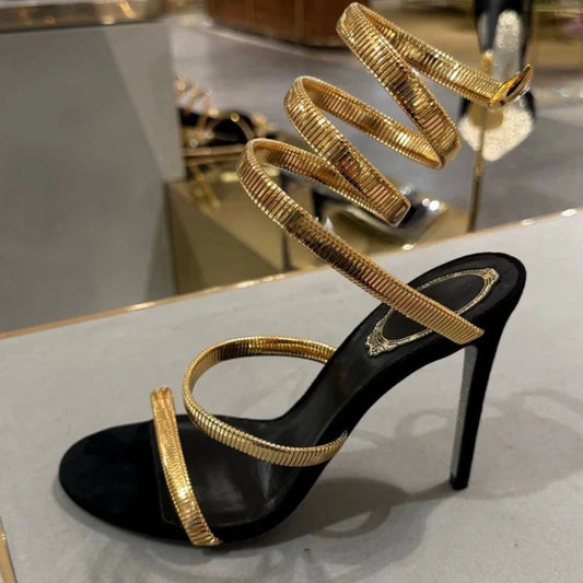 2025 Talon Snake Strap Silver Sole Summer  Ankle Wrap Around Spiral Heels for Lady