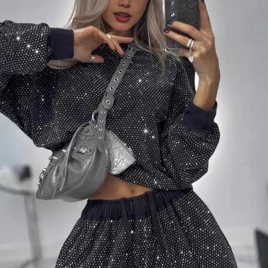 Autumn/Winter Women's Starry Sky Full Sky Long Sleeve Round Neck Loose Top Drawstring Wide Leg Two Piece Set
