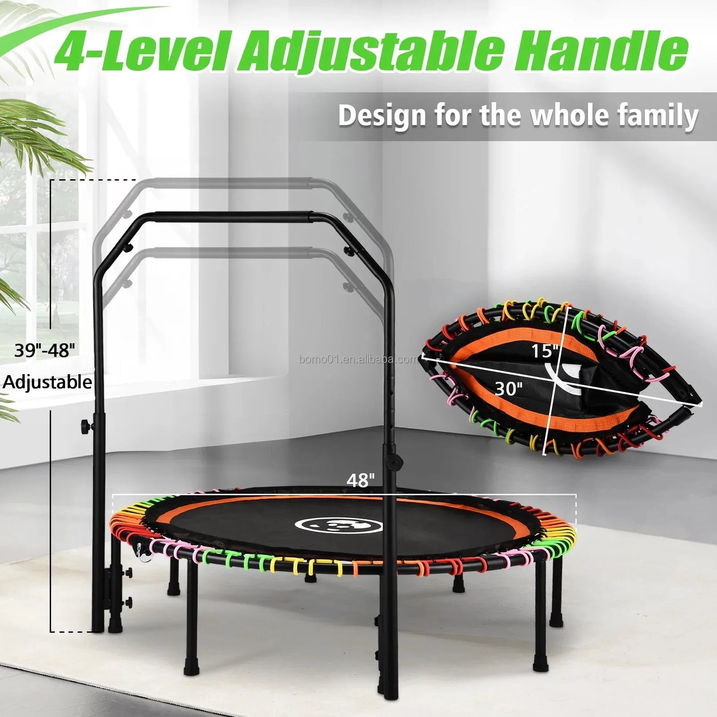 Fitness Trampoline Heavy Duty Indoor Children's Jumping Bed with Adjustable Foam Handle and Bungees