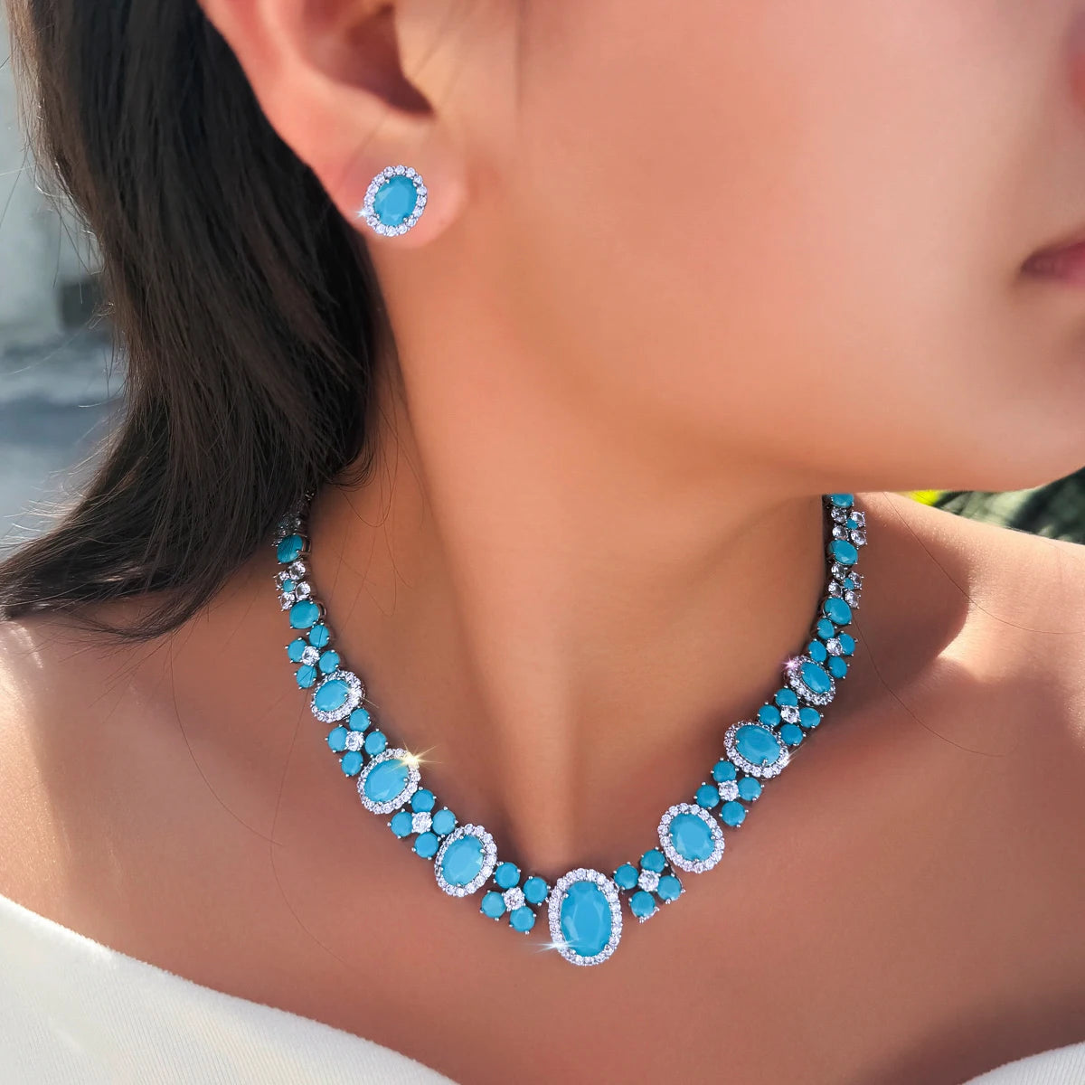 Charming Blue CZ Jewelry Set Turquoise Cubic Zirconia Oval Shaped Necklace Earrings Jewelry Set for Brides Wedding Costume Gift
