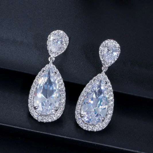 White Gold Plated Cubic Zirconia Crystal Long Tear Drop Dangling Bridal Earrings for Women Party Jewelry Gift with Safe Pin