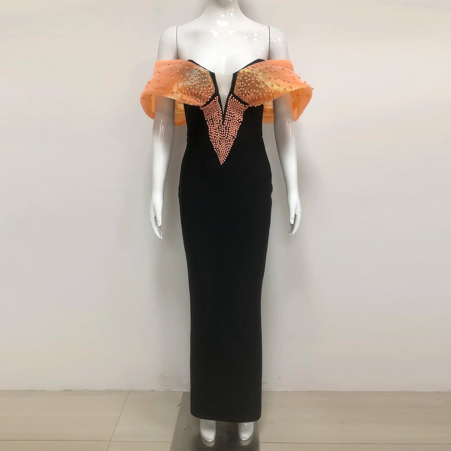 Fashion Dress   High End Party Wear Gown Black Off Shoulder Orange Beaded Bodycon Maxi Evening Dresses