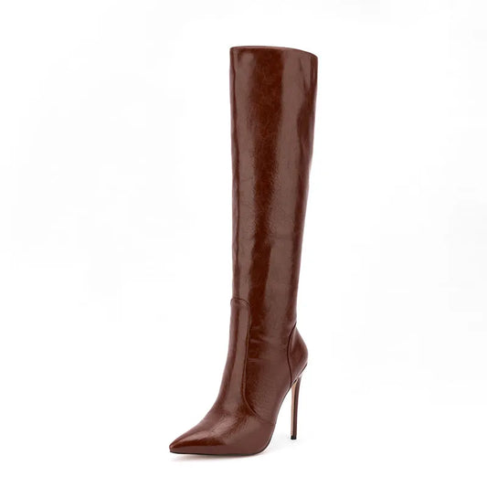 Fashion Style Crazy Horse Pattern Pointy Toe Long Boots Side Zipper Stiletto High Heel Knee High Boots for Women