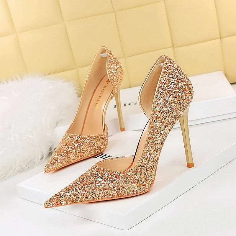 2025  Designer Fashion Shoes Sequin Cloth Stiletto Women's Pumps Heels for Ladies
