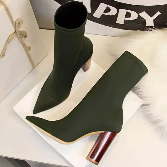MId-Calf Stretch Sock Elastic Material Chunky Heel Boots Women Booties