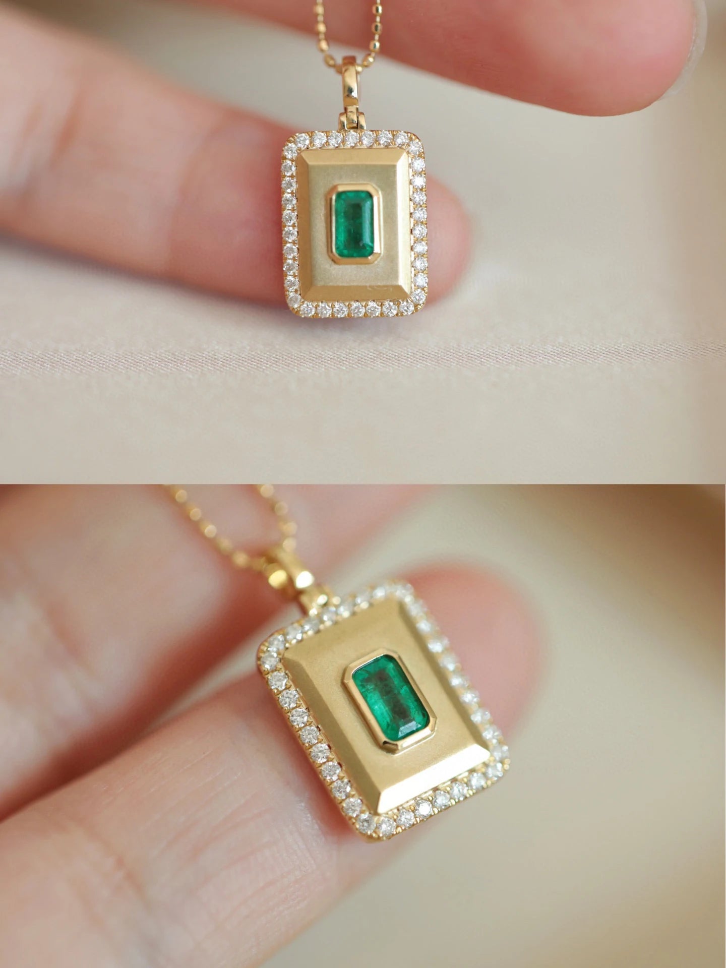 2025 18K Solid Gold Classic Rectangle Square Green Natural Emerald Diamond Gemstone Pendant Fine Jewelry for Women Girls' Party